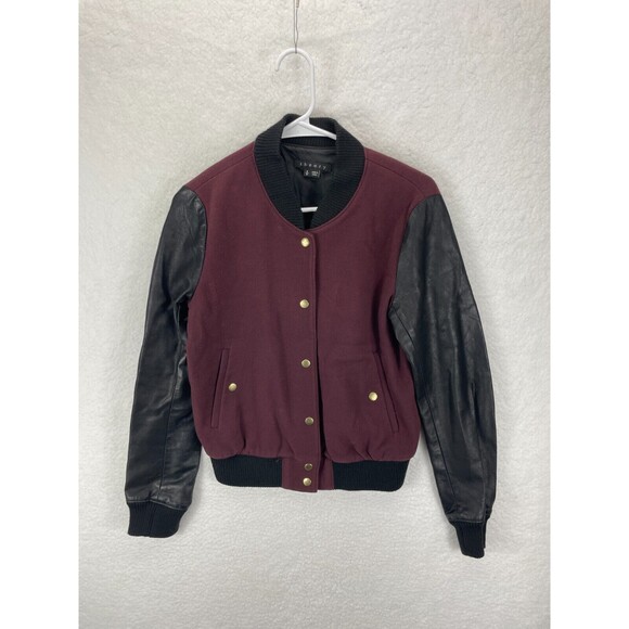 Theory Varsity Bomber Jacket Women’s Size SP Burgundy Wool Blend Petite - Picture 2 of 7
